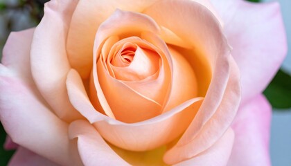 Rose's center is peachy-orange, gradually fading into pastel pink petals, close up