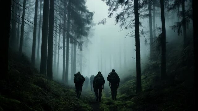 back view of soldiers walking in the forest with copy space