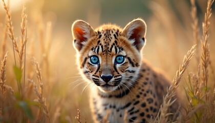Obraz premium Cute leopard cub portrait peeking out tall grass. Baby leopard, big blue eyes. Sunny day at savanna. Baby animal, wildlife concept. Panthera pardus, young predator, fur, africa.