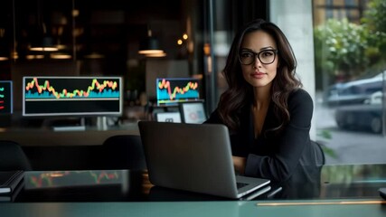 businesswoman working with laptop, charts and graphs on the background in office - Powered by Adobe