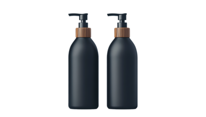 Two dark bottles with wooden pump tops