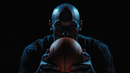 A muscular, bald African American man in a black basketball jersey holds a basketball in front of him.