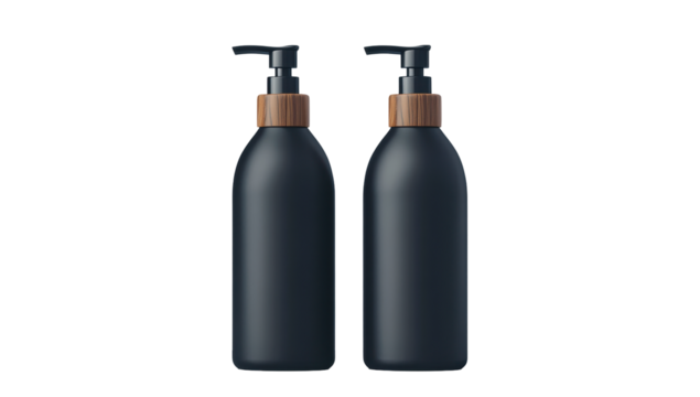 Two dark bottles with wooden pump tops