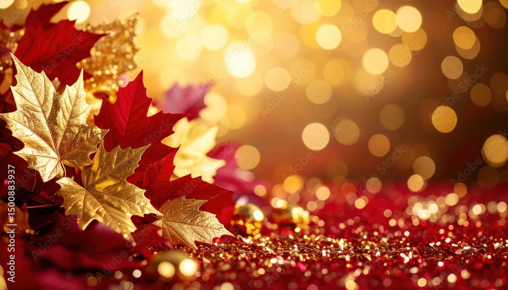Aufkleber golden maple leaves rest on a glitte red surface creating fall feeling.