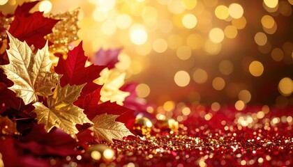 Fototapeta premium Golden maple leaves rest on a glitte red surface creating fall feeling.