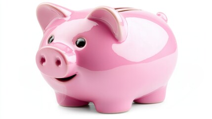 Shiny pink piggy bank with coin slot on white