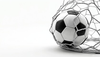 Naklejka premium Soccer ball scoring a goal in net. Black, white soccer ball in goal net on white background. Football game sport competition success, victory concept.