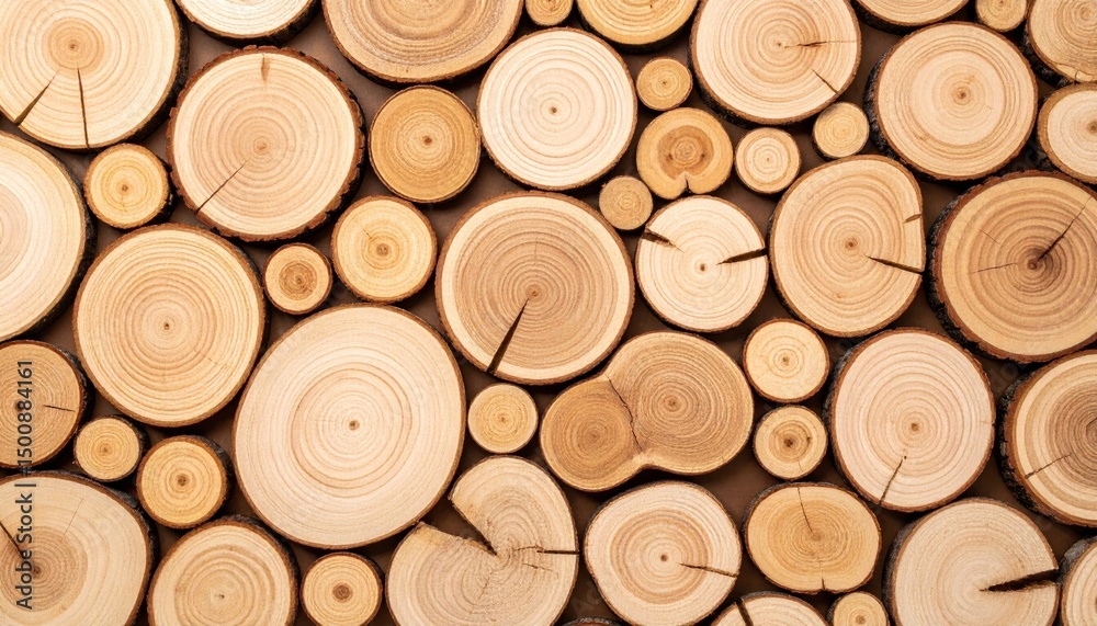 Poster many tree trunk slices of different sizes form an organic wood background