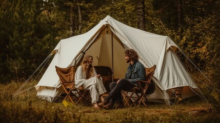A couple sits next to a tent by a lake, smiling while reviewing a map.