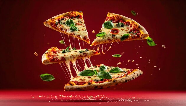Delicious looking pizza slices float on a red background with basil leaves.