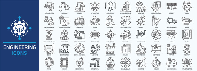 Engineering icon set. Containing energy system, surveying, infrastructure, labor, environmental, structural and more. Outline vector icons collection.