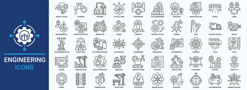 Engineering icon set. Containing energy system, surveying, infrastructure, labor, environmental, structural and more. Outline vector icons collection.
