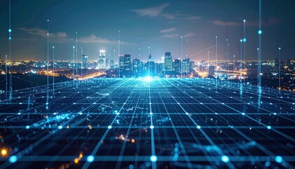 Glowing digital network connects the modern city skyline in the future world.
