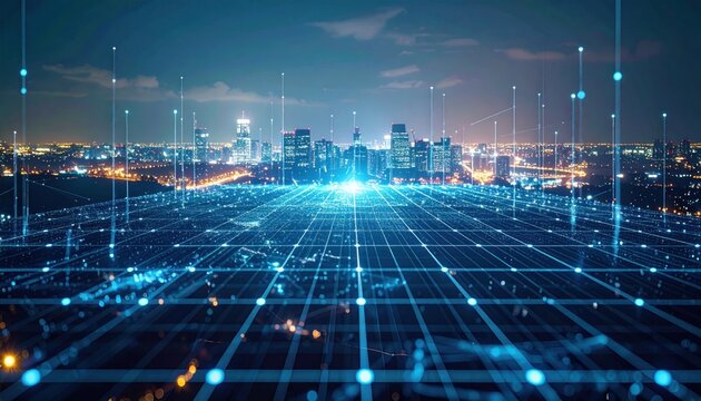 Glowing digital network connects the modern city skyline in the future world.