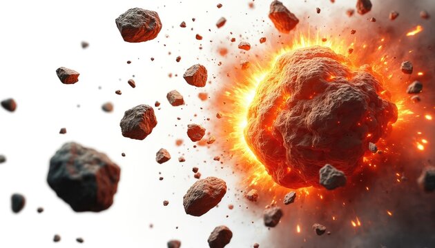 Burning asteroid rocks explosion on transparent background. Flaming rocks explode, space debris concept, fiery meteor collision. Disaster event, celestial cataclysm, armageddon concept.