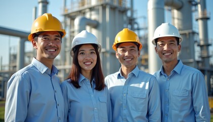 Group of asian engineers at chemical plant. Team of smiling men, one woman in protective helmets, light blue shirts look at camera. Construction, industry, business, safety, engineering. Clean,