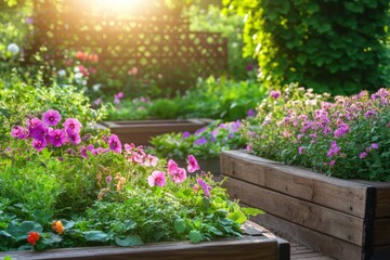 Fototapeta premium Serene backyard garden with lush vegetation and raised flower beds in sunlit setting