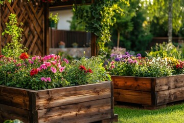 Serene backyard garden with lush raised flower beds