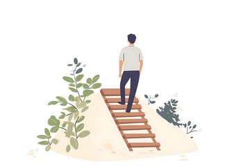 A man climbs a wooden ladder surrounded by lush greenery and plants in a serene outdoor setting illustration