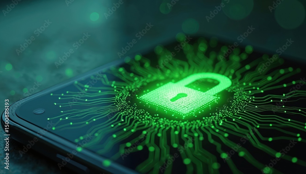 Poster Smartphone screen with glowing padlock circuit design. Concept of data security mobile app, end-to-end encryption, privacy protection. Digital safety internet, secure communication, cyber security