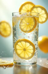 Yellow lemon slice in glass of clear water creating refreshing, healthy summer drink. Bubbles, splashing, drops, creating dynamic, wet feel. Vitamin C source, citrus refreshment. Healthy diet for