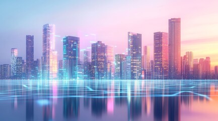 Digital Overlay of a Modern Cityscape at Dusk
