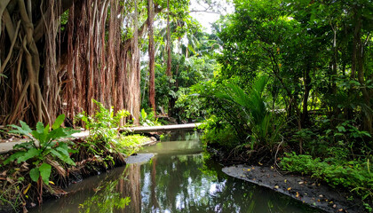 Obraz premium Lush Tropical Forest Scene with Wooden Bridge over Calm Water