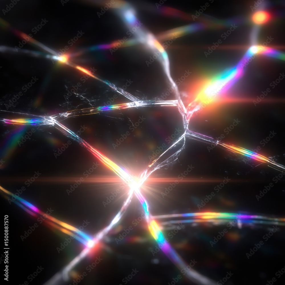 Fototapete shattered pattern of light, fractured with prismatic beams on a black backdrop, ethereal and captiva