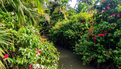 Lush Tropical Garden with Red Flowers and a Winding Waterway