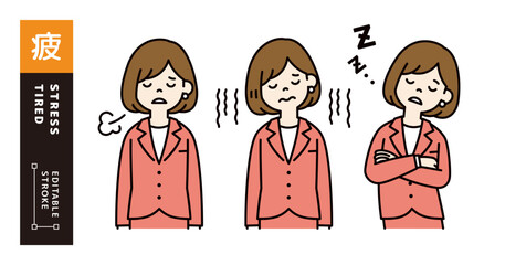 ネガティブなイメージの、女性会社員のベクターイラスト素材セット＿線幅の編集可能＿カラー
