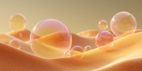 4D wallpaper combining smooth sand dunes with translucent glossy bubbles in pastel peach and golden hour lighting,
