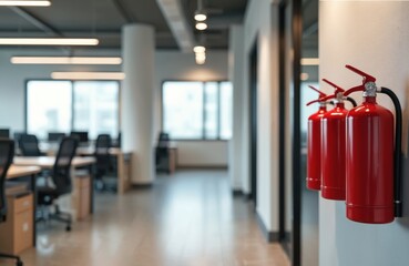 Red fire extinguishers mounted wall office hallway. Fire safety measures, emergency equipment in workplace. Protection from fire, readiness for event. Building safety compliance, fire prevention