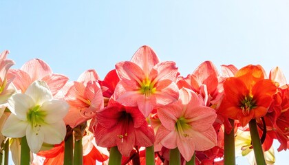 Row of vibrant amaryllis flowers, from white to deep red, against a bright blue sky