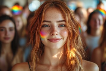 Russian Woman in Front of Crowd with Rainbow Light for Celebrating Pride Month and Honoring LGBTQIA+. Fictional Character Created By Generative AI