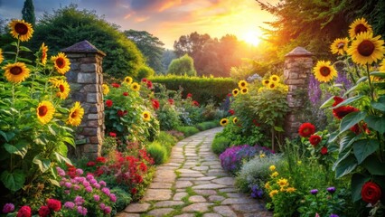 Fototapeta premium Serene Sunset Garden Path A Stone Walkway Meanders Through Vibrant Blooms and Towering Sunflowers, Bathed in the Golden Hues of Evening Light
