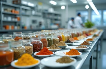 Variety of food ingredients arranged on lab benches. Diverse samples for quality testing, evaluation. Food science lab, food testing, healthy eating research, food production, spices, herbs,