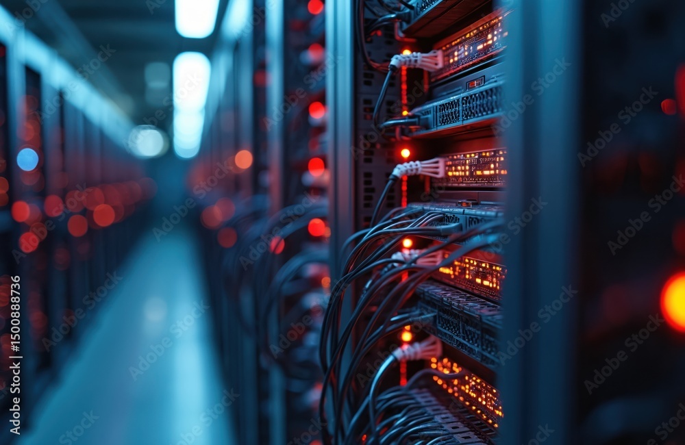 Aufkleber Server room security with network hardware. Data center with rack servers, cables, internet, ethernet ports, led lights, computer mainframes. Modern tech, data processing, cloud computing, internet