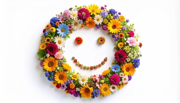 Floral smiley face wreath on white, bursting with color - Powered by Adobe