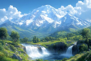 Fototapeta premium Majestic Mountain Landscape with Cascading Waterfalls and Clear Blue Sky for Nature Posters