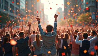 Plakat Back view group of business people celebrate outdoors. Colleagues raise hands, rejoice, confetti flies. Team success in city. Cheerful smiling faces, joyful atmosphere. Corporate event, company staff