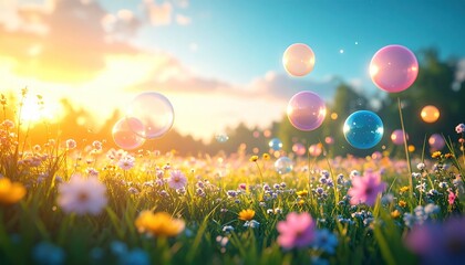 Sunlit meadow filled with floating, colorful, transparent bubbles