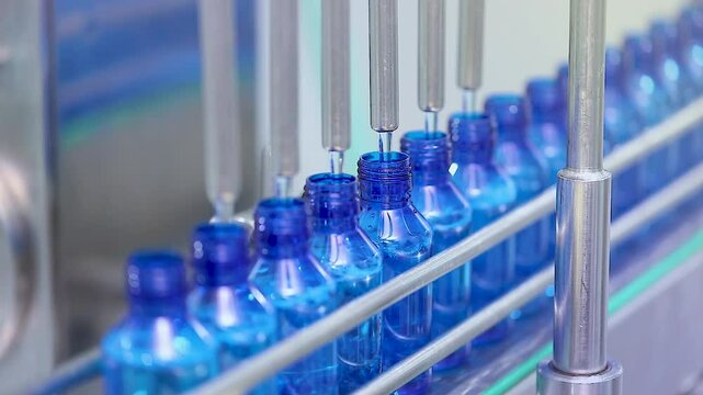 Pharmaceutical manufacturing line for liquid medicine production, automatic bottle filling machine for syrup, sanitizer, or gel in plastic bottles at sterile industrial packaging facility	