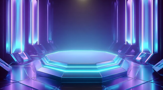 Octagonal Platform with Neon Lights in a Futuristic Setting