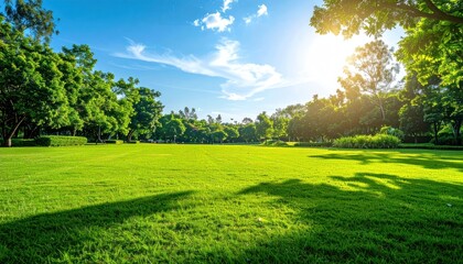 Naklejka premium Sunny landscape with lush green grass and trees under a bright, blue sky
