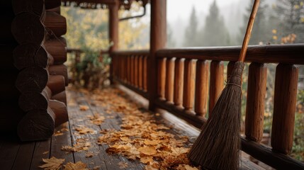 Obraz premium Autumn leaves clutter wooden porch by log cabin, broom leaning, misty forest backdrop
