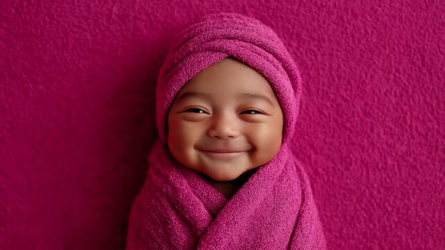 Happy Infant Baby in Hooded Towel on Pimk Background - AI