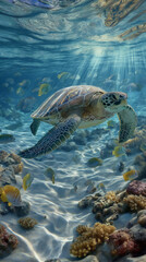Fototapeta premium A sea turtle swimming above a coral reef with colorful fish