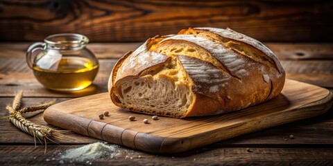 Artisan Loaf of Bread on Rustic Wooden Board with Oil and Wheat