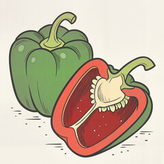 Bell pepper sliced in pencil illustration in black and white representing fresh produce and healthy eating concept