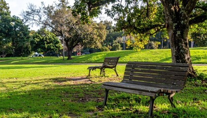 Park scene sunlight dapples green grass and benches under shady trees in a peaceful, natural outdoor setting